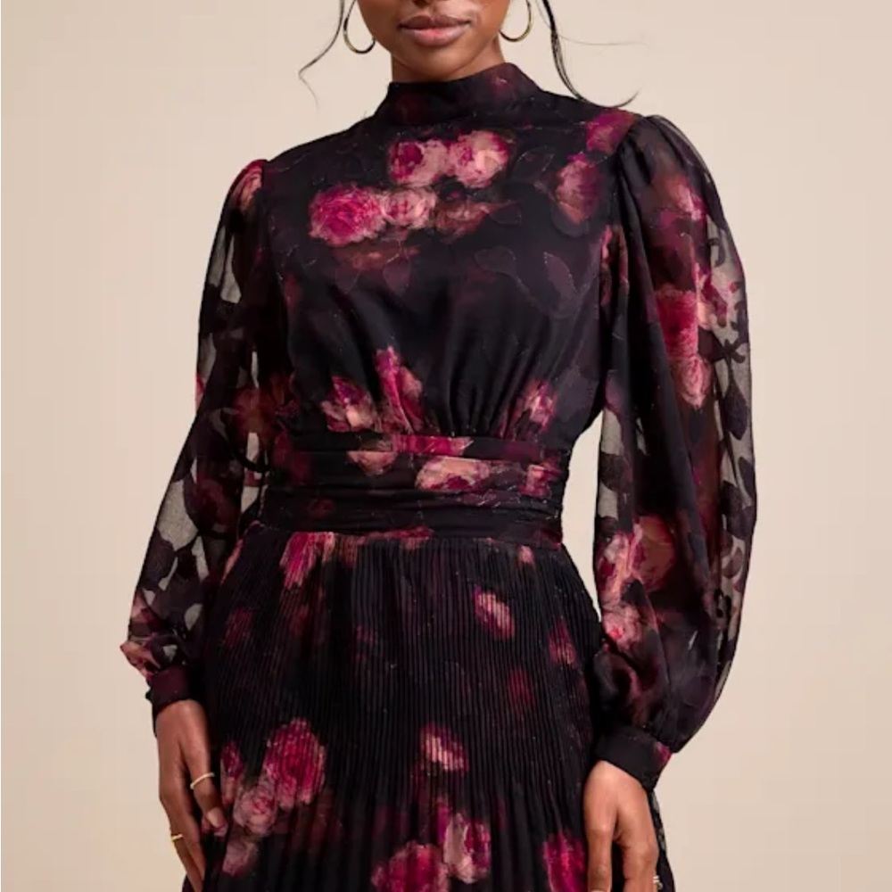 Lulu's Black and Pink Floral Long Sleeve Dress